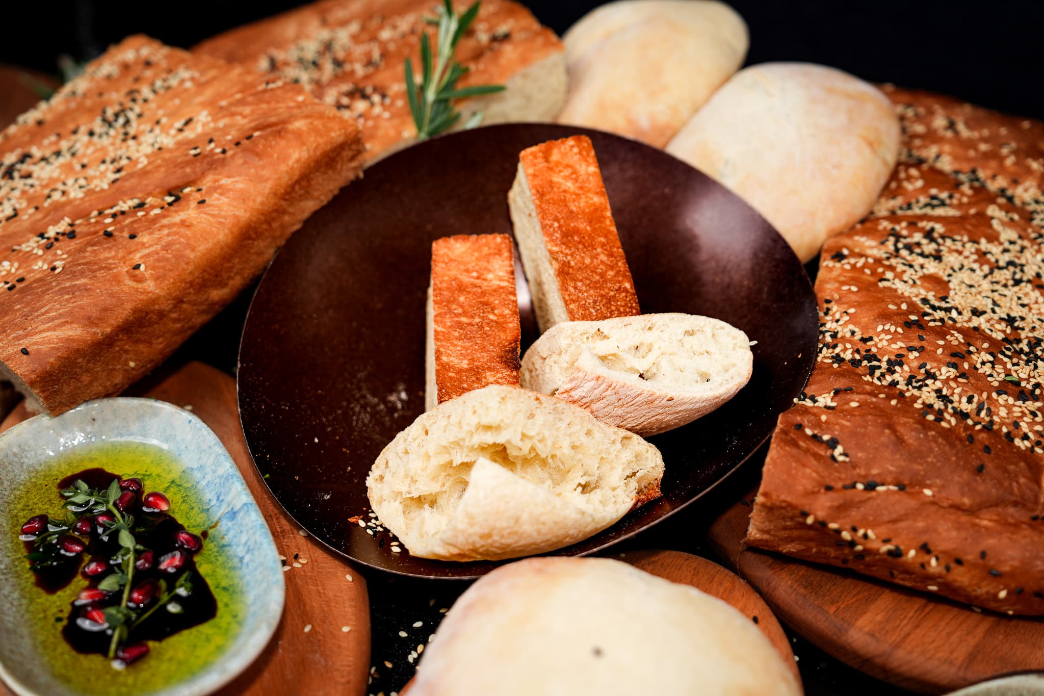 A selection of seeded Turkish breads with olive oil